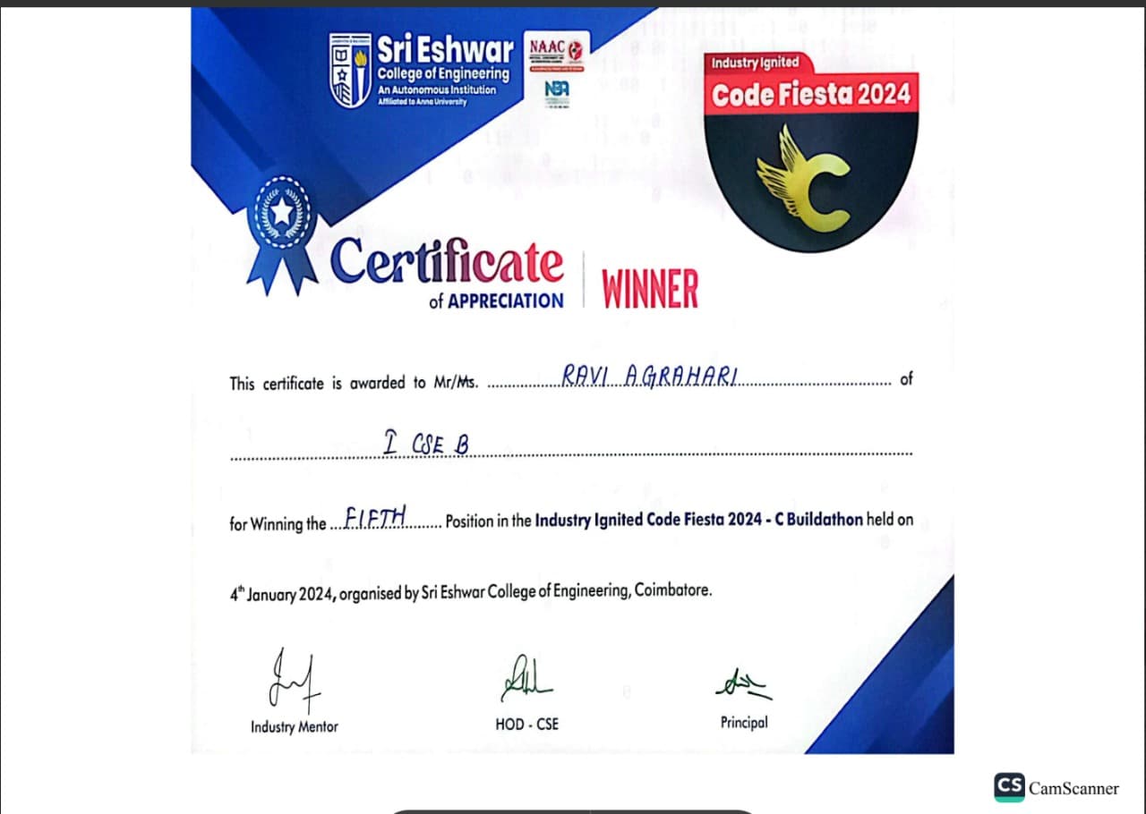 5th position in Code Fiesta 2024 – C Buildathon