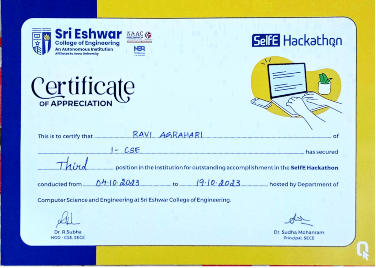  Won 3rd place in Self-E Hackathon – 2023